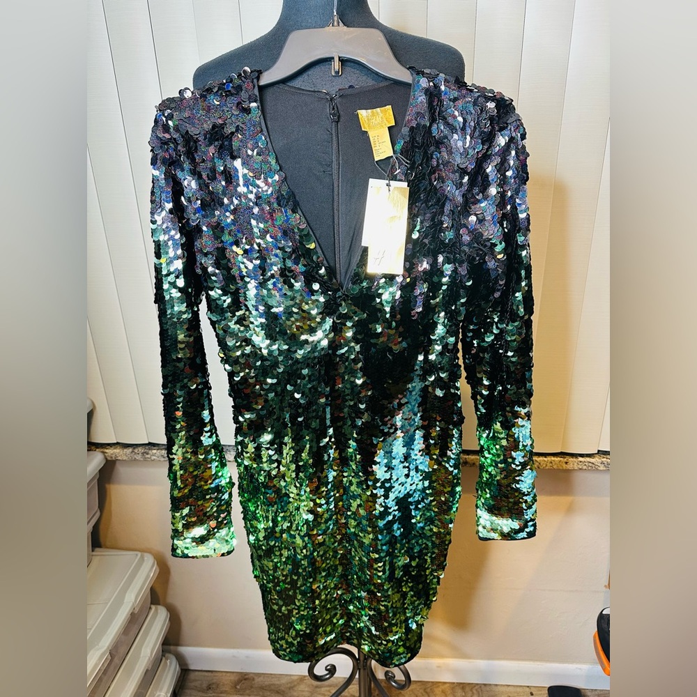 H&M Green Black Sequin V- Neck Long Sleeve Mini Ombré Dress Size 6 NEW
